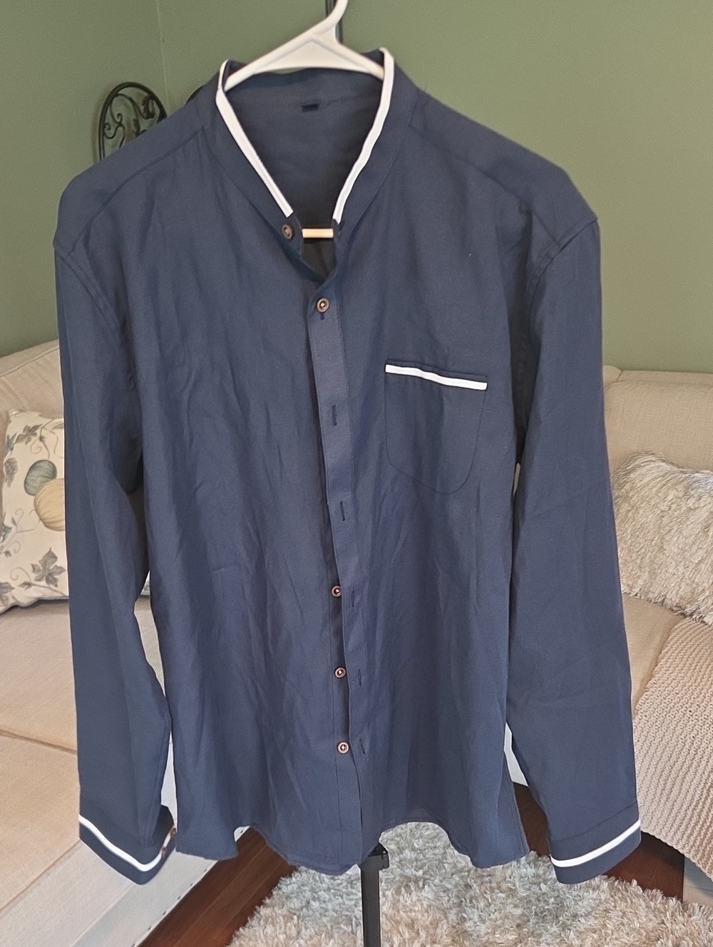 Men's Navy Casual Button-Down Shirt with White Trim